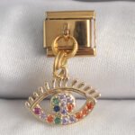 316L Çelik Gold Renk Sallantı Renkli Zirkon Taşlı Göz Model Nomination Charm