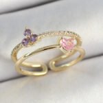 Pirinç Kalp Ve Çiçek Figürlü Zirkon Taşlı Gold Renk Ayarlanabilir Kadın Yüzük