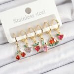 Pirinç Zirkon Taşlı Meyve Temalı Karışık Model Gold Renk 6'lı Set Kadın Küpe