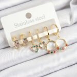 Pirinç Zirkon Taşlı Kalp Ve Halka Model Gold Renk 6'lı Set Kadın Küpe