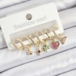 Pirinç Zirkon Taşlı Karpuz Yonca Kalp Pusula Karışık Model Gold Renk 6'lı Set Kadın Küpe