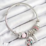 316L Çelik Pembe Nazarlı Zirkon Taşlı İnci Detaylı Hayat Ağacı Model Gümüş Renk Charm Bileklik