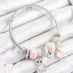 316L Çelik Pembe Zirkon Taşlı Ayıcık Ve Kalp Model Gümüş Renk Charm Bileklik