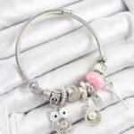 316L Çelik Pembe Zirkon Taşlı Baykuş İstiridye Ve Anahtar Model Gümüş Renk Charm Bileklik