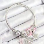 316L Çelik Pembe Zirkon Taşlı Yıldız Göz Ve Yonca Model Gümüş Renk Charm Bileklik