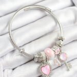 316L Çelik Pembe Zirkon Taşlı Yıldız Anahtar Ve Kalp Model Gümüş Renk Charm Bileklik