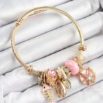 316L Çelik Pembe Zirkon Taşlı Balık Deniz Kabuğu Ve Deniz Yıldızı Model Gold Renk Charm Bileklik