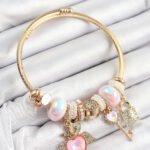 316L Çelik Pembe Zirkon Taşlı Kilit Anahtar Ve Kalp Model Gold Renk Charm BileklikCharm Bileklik
