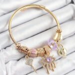 316L Çelik Mor Zirkon Taşlı Kilit Göz Ve Anahtar Model Gold Renk Charm Bileklik