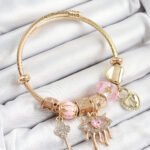 316L Çelik Pembe Zirkon Taşlı Kilit Göz Ve Anahtar Model Gold Renk Charm Bileklik