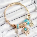 316L Çelik Mavi Zirkon Taşlı Kilit Göz Ve Anahtar Model Gold Renk Charm Bileklik