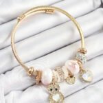 316L Çelik Beyaz Zirkon Taşlı Ayıcık Ve Kalp Model Gold Renk Charm Bileklik