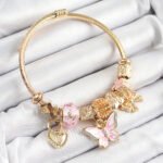 316L Çelik Pembe Zirkon Taşlı Kelebek Fiyonk Ve Kilit Model Gold Renk Charm Bileklik