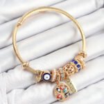 316L Çelik Lacivert Nazarlı Zirkon Taşlı İnci Detaylı Hayat Ağacı Model Gold Renk Charm Bileklik