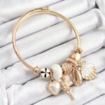 316L Çelik Beyaz Zirkon Taşlı Yıldız Melek İstiridye Ve Kalp Model Gold Renk Charm Bileklik