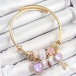 316L Çelik Mor Zirkon Taşlı Anahtar Ve Kalp Model Gold Renk Charm Bileklik