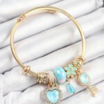 316L Çelik Mavi Zirkon Taşlı Anahtar Ve Kalp Model Gold Renk Charm Bileklik
