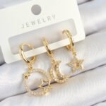 Pirinç Zirkon Taşlı Yıldız Ve Ay Model Gold Renk 3'lü Çift Kadın Küpe Set