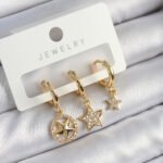 Pirinç Zirkon Taşlı Yıldız Model Gold Renk 3'lü Çift Kadın Küpe Set