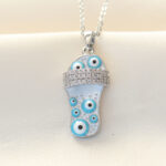 316L Zinciri Çelik Zirkon Taşlı Gümüş Renk Nazar Boncuklu Terlik Kolye