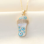 316L Zinciri Çelik Zirkon Taşlı Gold Renk Nazar Boncuklu Terlik Kolye