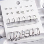 Pirinç Gümüş Renk Zirkon Taşlı 12 Çift Küpe Seti