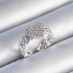 Pirinç Gümüş Renk Zincir Kordon Zirkon Taşlı Kalp Model Kadın Yüzük