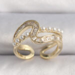 Pirinç Gold Renk Zirkon Taşlı İnci Detay VIP Seri Kadın Yüzük