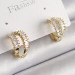 Pirinç Gold Renk 2'Li Zirkon Taşlı Halka Model Kadın Küpe