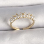 Pirinç Gold Renk Zirkon Taşlı İncili Taç Model Ayarlanabilir Kadın Yüzük