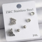 316L Çelik Gümüş Renk Zirkon Taşlı Kelebek Model Kadın Küpe Seti