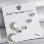 316L Çelik Gümüş Renk Zirkon Taşlı Hilal Model Kadın Küpe Seti