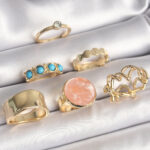 Pirinç Gold Renk Daire Pembe Mineli Zirkon Taş Detaylı 6'Lı Kadın Yüzük Seti