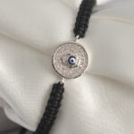 Pirinç Gümüş Renk Zirkon Taşlı Nazar Boncuk İşleme Makrome Asansörlü Model Kadın Bileklik