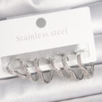 Pirinç Gümüş Renk Zirkon Taşlı 3 Çift Kalp Model Kadın Küpe