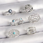 Pirinç Gümüş Renk Nazar Boncuk Zirkon Taş Detaylı Dalga Figür Kadın Yüzük Kombini