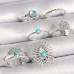 Pirinç Gümüş Renk Mavi Taşlı Kare Zirkon Taş Detaylı Kadın Yüzük Kombini