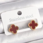 Pirinç Gold Renk Bordo Yonca Model Kadın Küpe