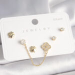 925 Ayar Gümüş Çivi Pirinç Gold Renk Zirkon Taşlı Yonca Model Sallantı Zincir Detay Kadın Küpe Seti