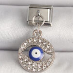 316L Çelik Gümüş Renk Zirkon Taşlı Göz Model Nazar Boncuk Detay Nomination Charm