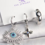 Pirinç Gümüş Renk Zirkon Taşlı Göz Model Nazar Boncuk Detay 3'Lü Kadın Kombin Küpe