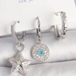 Pirinç Gold Renk Zirkon Taşlı Yıldız Model Nazar Boncuk Detay 3'Lü Kadın Kombin Küpe