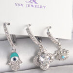 Pirinç Gümüş Renk Zirkon Taşlı Fatma Ana Yonca Figür Göz Detay 3'Lü Kadın Kombin Küpe