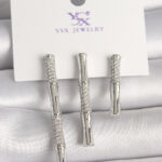 Pirinç Gümüş Renk Zirkon Taşlı Bambu Model 3'Lü Kadın Kombin Küpe