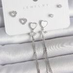 Pirinç Gümüş Sallantı Beyaz Mineli Kalp Model Zirkon Taşlı Kalp Detay 925 Ayar Gümüş Çivi Kadın Küpe Seti