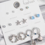 Pirinç Gümüş Renk İncli Zirkon Taşlı Halka Figür Yıldız Detay 7 Çift Kadın Küpe Seti