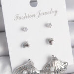 Pirinç Gümüş Renk Zirkon Taş Detaylı İnci Detaylı Deniz Kabuğu Model 3 Çift Kadın Küpe