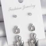 Pirinç Gümüş Renk Zirkon Taş Detay Sallantılı Kare Model 3 Çift Kadın Küpe Seti