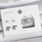 Pirinç Gümüş Renk Zirkon Taşlı Burgu Halka Model Kare Detay 3 Çift Kadın Küpe Seti