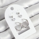Pirinç Zirkon Taş Ve Halka Figürlü Gümüş Renk 3'lü Çift Kadın Küpe Set